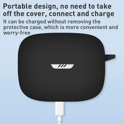 JBL Tune Buds Silicone Case for Everyday Earbud Protection shown in black with charging cable connected and portable slim profile