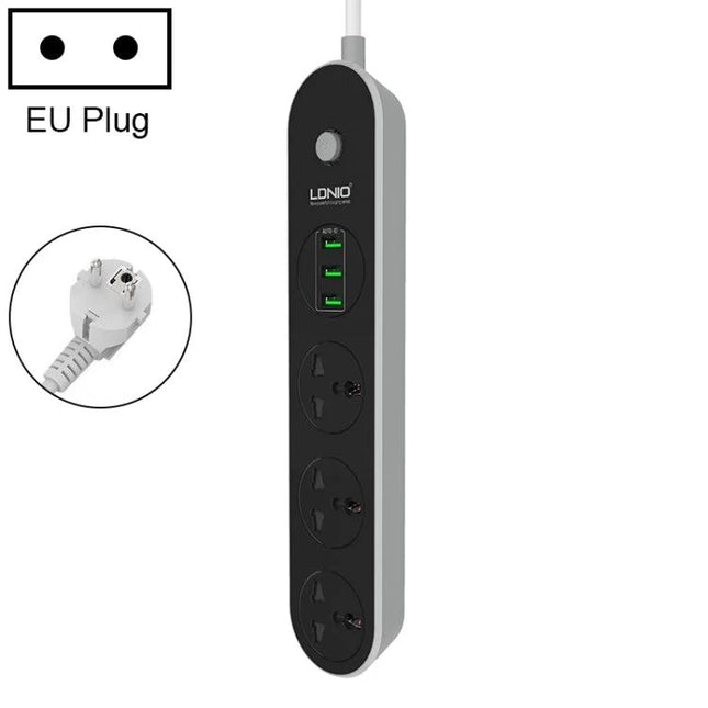 LDNIO Travel USB Socket for Home and Office Charging black EU power strip with three outlets and three green USB ports