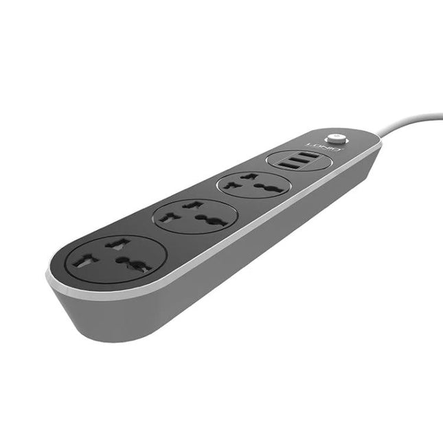 LDNIO Travel USB Socket for Home and Office Charging sleek gray power strip with three universal outlets and dual USB ports for travel and office use