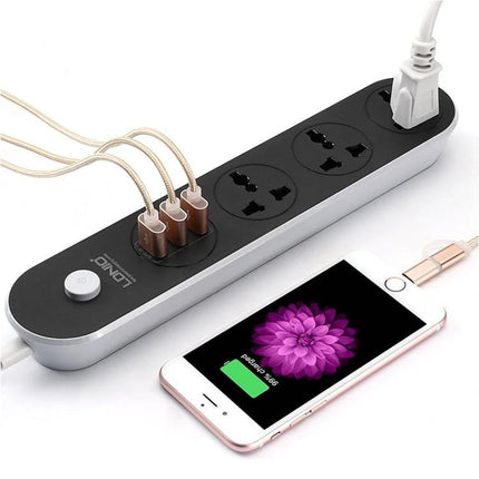 LDNIO Travel USB Socket for Home and Office Charging shown powering multiple USB devices and a smartphone on a desk