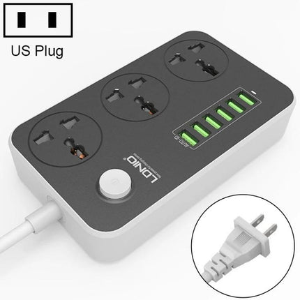 LDNIO Multi-Function Socket with 6 USB Ports for Home Use shown on countertop with three power jacks and six green USB ports