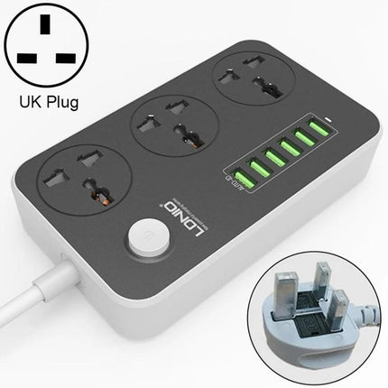 LDNIO Multi-Function Socket with 6 USB Ports for Home Use compact black and white power strip with three UK sockets and six green USB ports