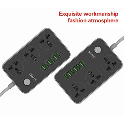 LDNIO Multi-Function Socket with 6 USB Ports for Home Use showing two black power strips with six green USB ports and three power jacks each