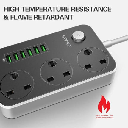 LDNIO Multi-Function Socket with 6 USB Ports for Home Use showing six green USB ports three power jacks and high temperature flame retardant label