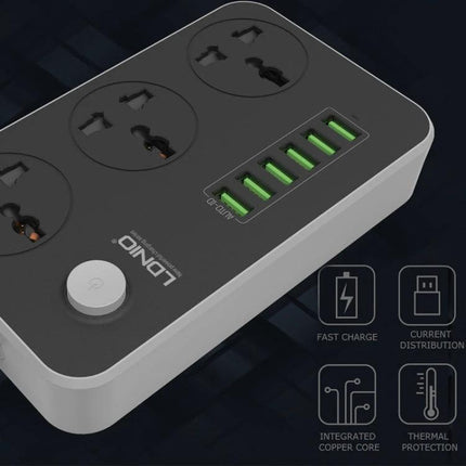 LDNIO Multi-Function Socket with 6 USB Ports for Home Use sleek black power strip with six green USB ports and three outlets