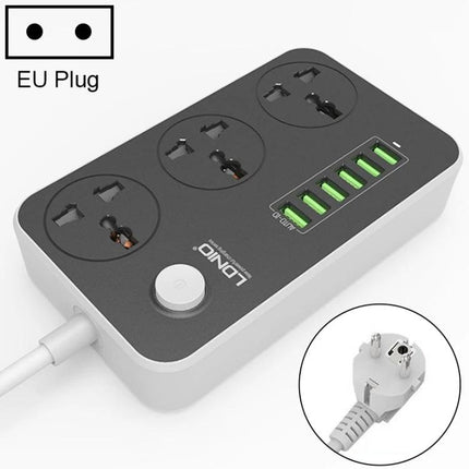 LDNIO Multi-Function Socket with 6 USB Ports for Home Use shown with three EU power jacks and six green USB ports on a countertop