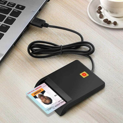 ROCKETEK USB Smart Card Reader for Banking and IDs connected to laptop with ID card inserted, secure contact smart card authentication