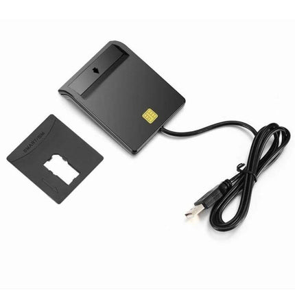 ROCKETEK USB Smart Card Reader for Banking and IDs showing black USB-connected smart card reader with SIM adapter and gold contact for secure banking and ID access