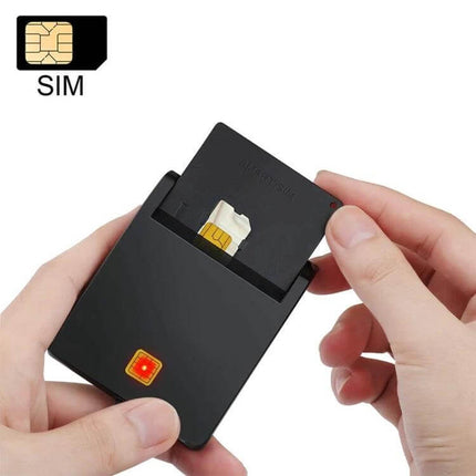 ROCKETEK USB Smart Card Reader for Banking and IDs showing a SIM-style contact smart card being inserted into a compact black USB reader for secure banking and ID authentication