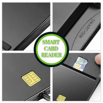 ROCKETEK USB Smart Card Reader for Banking and IDs slim black USB contact smart card reader showing SIM slot and inserted chip card