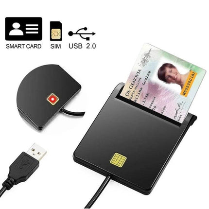 ROCKETEK USB Smart Card Reader for Banking and IDs showing black USB smart card reader with ID card inserted