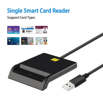 ROCKETEK USB Smart Card Reader for Banking and IDs black USB contact smart card reader shown with USB cable