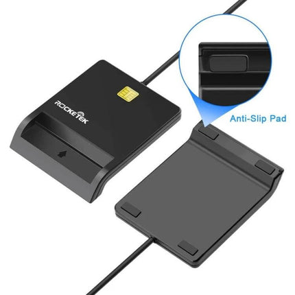 Rocketek USB-C Smart Card Reader for Secure Online Use slim black external USB-C smart card reader with anti-slip pads and chip slot