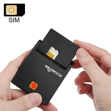 Rocketek USB-C Smart Card Reader for Secure Online Use — black USB-C smart card reader with SIM inserted, hands holding device for secure access