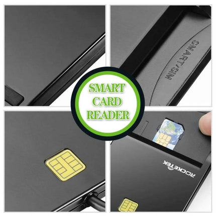 Rocketek USB-C Smart Card Reader for Secure Online Use showing USB-C smart card reader device, SIM card slot and inserted smart card