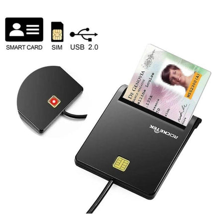 Rocketek USB-C Smart Card Reader for Secure Online Use showing black external reader with ID card inserted and USB-C connection