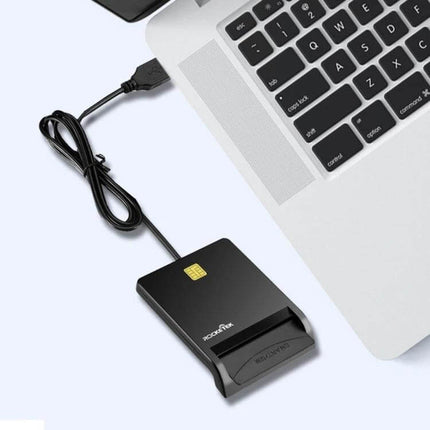 Rocketek USB-C Smart Card Reader for Secure Online Use connected to a laptop via USB-C cable, external smart card reader for secure transactions
