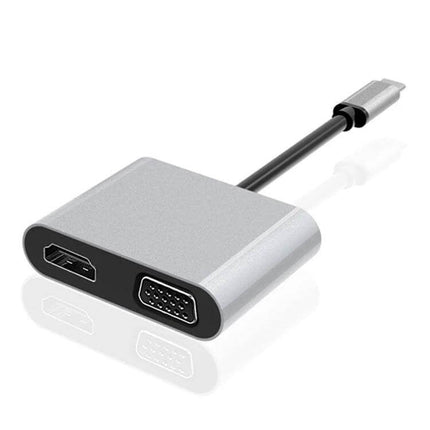 USB-C Docking Station for HDMI and VGA Display Connections - compact silver adapter with HDMI and VGA ports for laptop monitor expansion