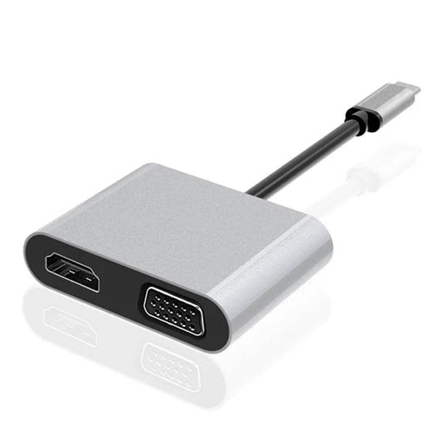 USB-C Docking Station for HDMI and VGA Display Connections - compact silver adapter with HDMI and VGA ports for laptop monitor expansion