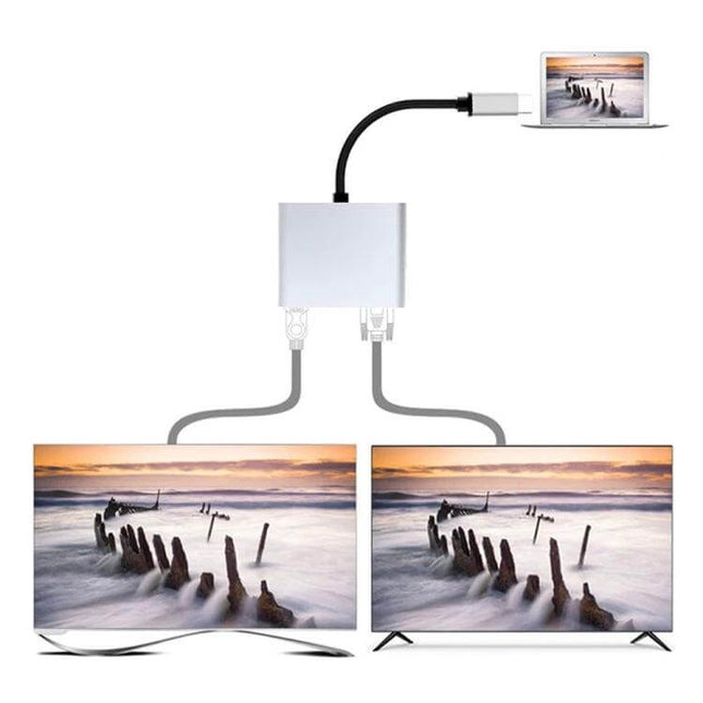 USB-C Docking Station for HDMI and VGA Display Connections connecting laptop to dual external monitors for productivity