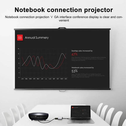 USB-C Docking Station for HDMI and VGA Display Connections connecting laptop to projector and external monitor in a conference room setup