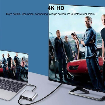 USB-C Docking Station for HDMI and VGA Display Connections showing laptop connected to 4K TV and monitor for extended screen use
