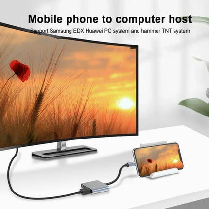 USB-C Docking Station with Dual HDMI for Display Extension connected to phone and monitor showing extended sunset display