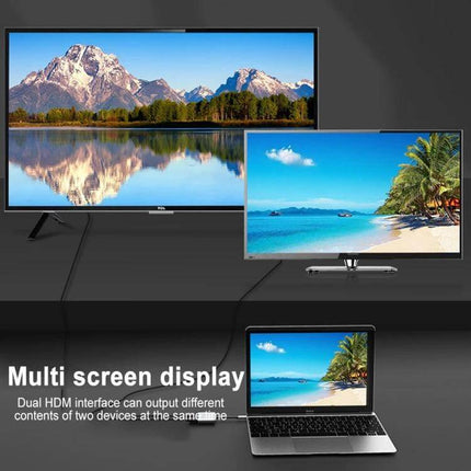 USB-C Docking Station with Dual HDMI for Display Extension showing laptop connected to two external monitors for extended multi-screen setup