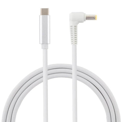 USB-C to 5.5x2.5mm Elbow Charging Cable for Laptops, 1.5 Meters Long - white right-angle connector cable showing USB-C and 5.5x2.5mm elbow plug