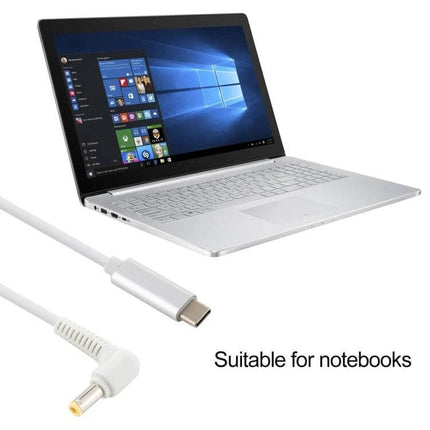 USB-C to 5.5x2.5mm Elbow Charging Cable for Laptops, 1.5 Meters Long white elbow cable shown with laptop, space-saving angled connector