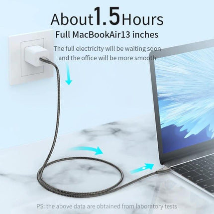 Reliable USB-C Cable for Everyday Device Charging and Travel – braided tangle‑free cable charging MacBook Air from wall adapter to laptop