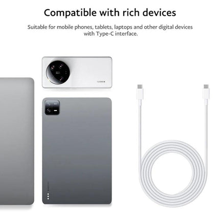 Xiaomi USB-C Cable for Everyday Phone and Tablet Charging - 1m white cable shown next to phone, tablet and laptop, supports up to 6A