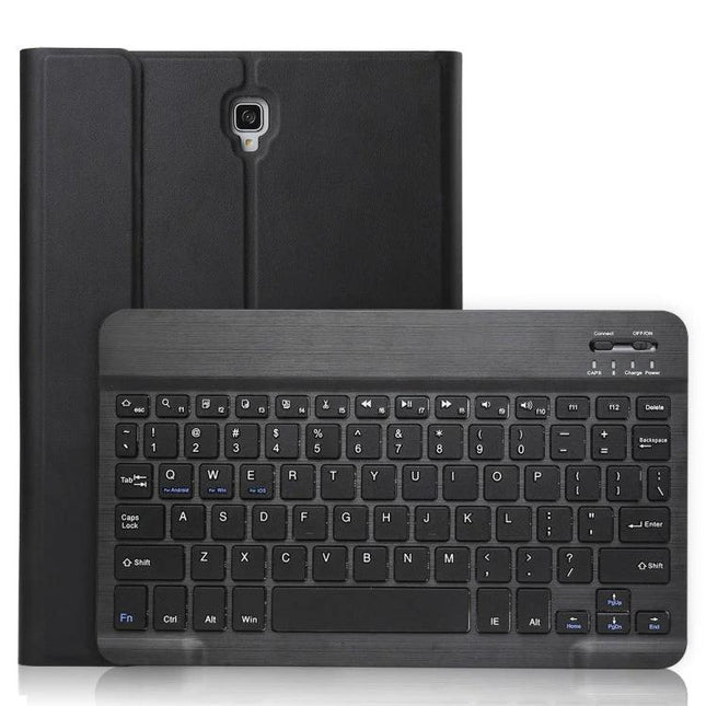 Alt Tag: Ultra-Thin Detachable Bluetooth Keyboard Case for Galaxy Tab S4 10.5 shown with slim black folio and compact Bluetooth keyboard for travel and typing
