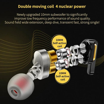 QKZ In-Ear Headphones With Four Drivers For Commuting showing exploded view of four-driver assembly and dual 10mm coils