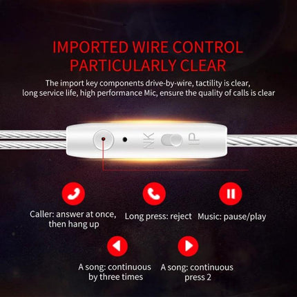 QKZ In-Ear Headphones With Noise Reduction For Commute inline wire control remote with mic call and playback buttons, white