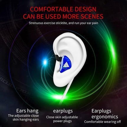 QKZ In-Ear Headphones With Noise Reduction For Commute comfortable ergonomic blue earbud shown in white ear for commuting
