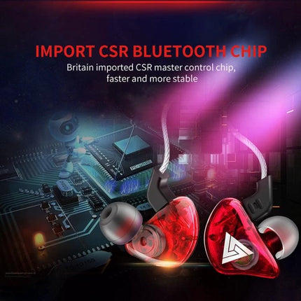QKZ In-Ear Headphones With Noise Reduction For Commute red wired earbuds highlighting CSR Bluetooth chip and commute noise reduction