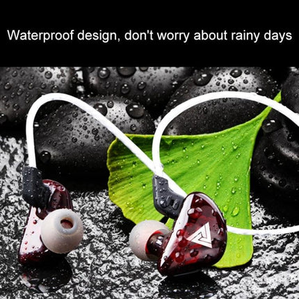 QKZ In-Ear Headphones With Noise Reduction For Commute red waterproof earbuds with white cable on wet stones