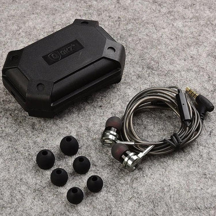 QKZ In-Ear Headphones With Mic For Commute And Workout showing metal earbuds, mic, spiral cable, case and silicone tips