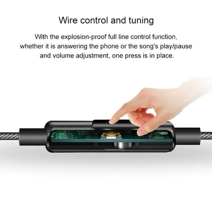 QKZ In-Ear Headphones With Mic For Commute And Workout showing inline wire control and microphone with finger pressing button