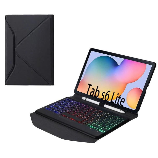 Leather Bluetooth Keyboard Case for Samsung Galaxy Tab S6 Lite with Backlight - black folio case with backlit keyboard and stylus holder