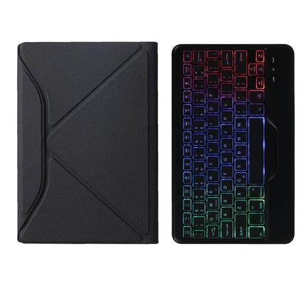Leather Bluetooth Keyboard Case for Samsung Galaxy Tab S6 Lite with Backlight shown with black leather cover and multicolor backlit keys