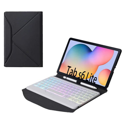 Leather Bluetooth Keyboard Case for Samsung Galaxy Tab S6 Lite with Backlight showing black folio cover and backlit keyboard in use