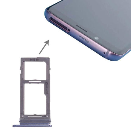 Replacement SIM Tray for Samsung Galaxy S9 Daily Essentials - dual SIM and microSD tray next to Galaxy S9 phone, restore card slot functionality