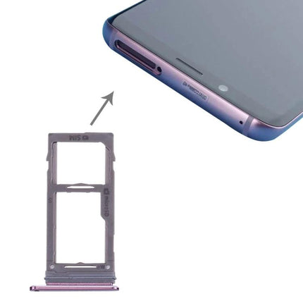 Replacement SIM Tray for Samsung Galaxy S9 Daily Essentials - purple dual SIM/microSD tray shown with Galaxy S9 slot
