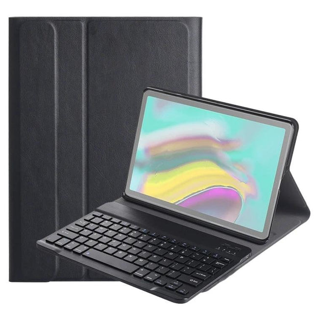 Bluetooth Keyboard Case for Samsung Galaxy Tab S5e with Holder shown in black folio with detachable keyboard and viewing stand