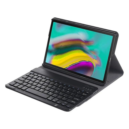 Bluetooth Keyboard Case for Samsung Galaxy Tab S5e with Holder showing detachable keyboard, protective folio stand and tablet in landscape