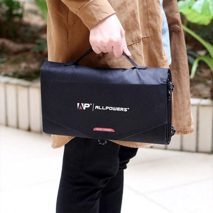 Alt Tag: ALLPOWERS 100W Foldable Portable Solar Panel Charger folded in black carrying case held by person for camping and outdoor use