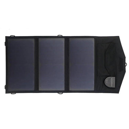 ALLPOWERS Foldable Waterproof Solar Charger for Portability shown unfolded with three solar panels and charging port for outdoor travel