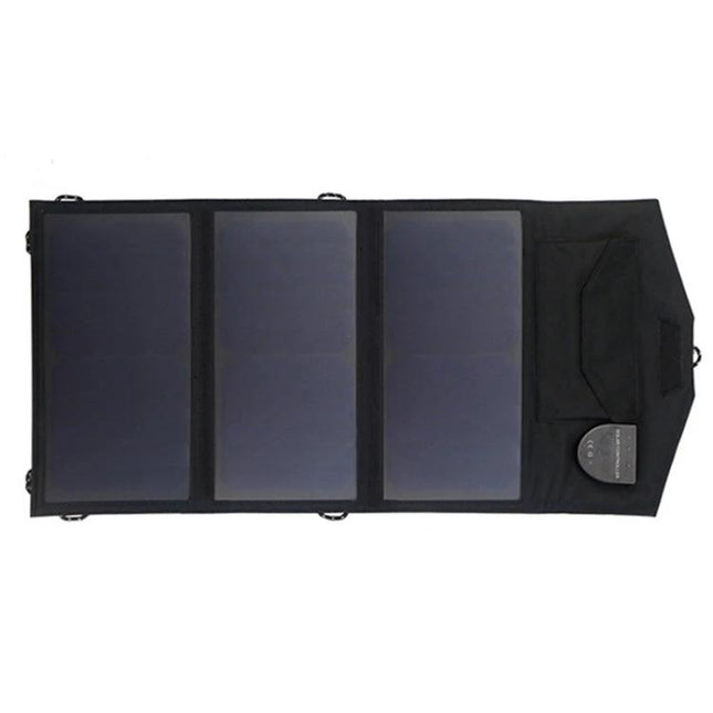 ALLPOWERS Foldable Waterproof Solar Charger for Portability shown unfolded with three solar panels and charging port for outdoor travel